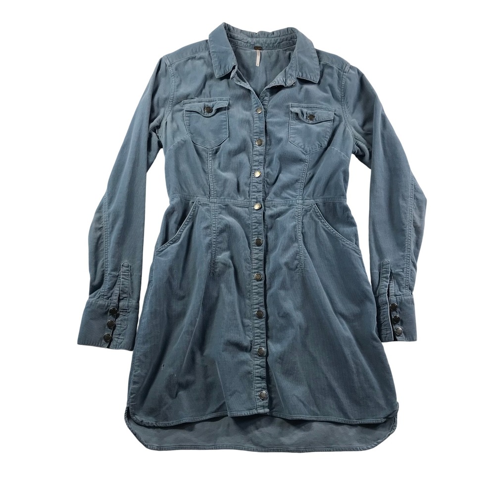 Free People Blue Corduroy Button Down Mini Dress Long Sleeve Small S P Boho